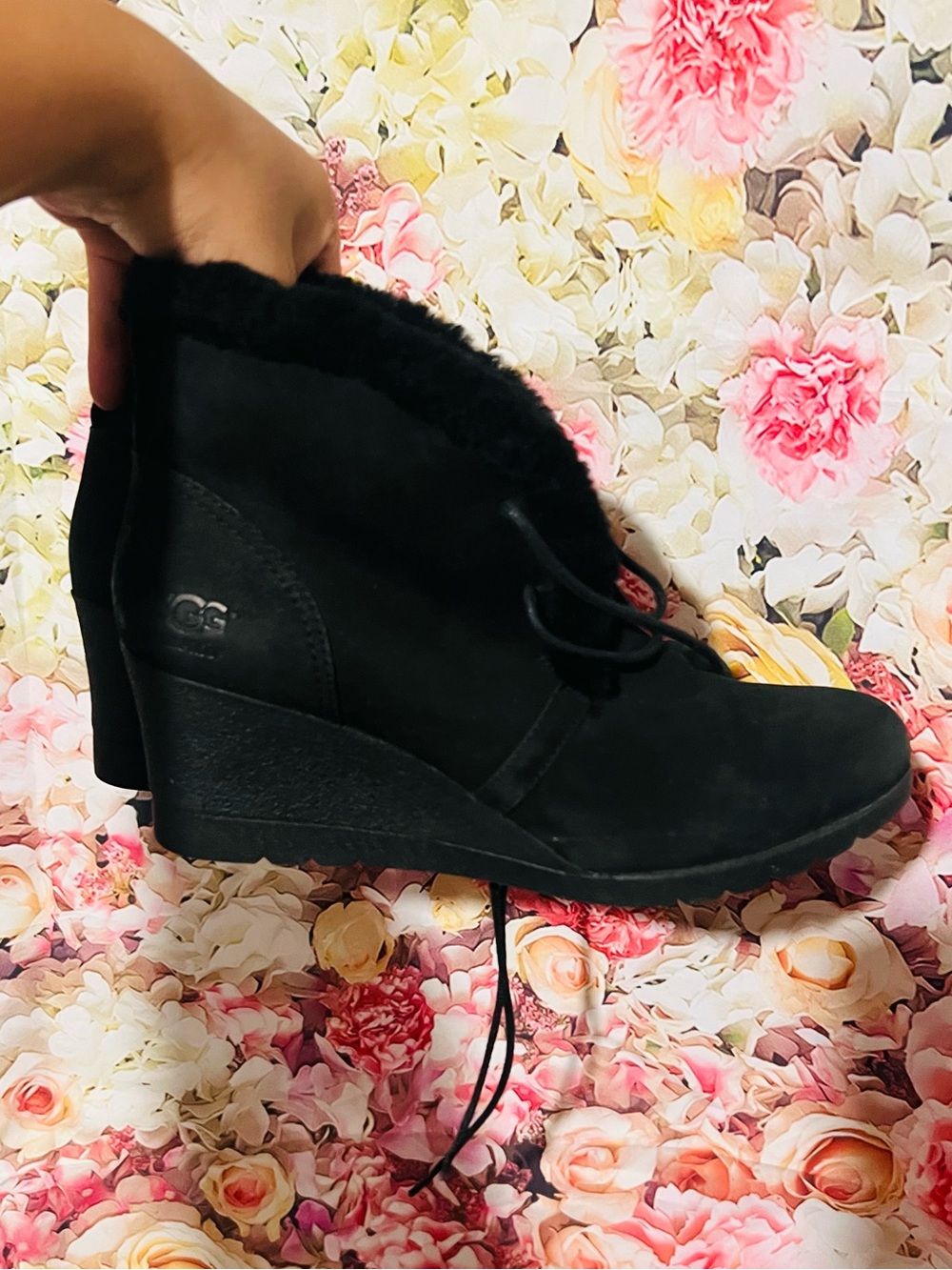 UGG Black Wedge Ankle Boot with Shearling Trim